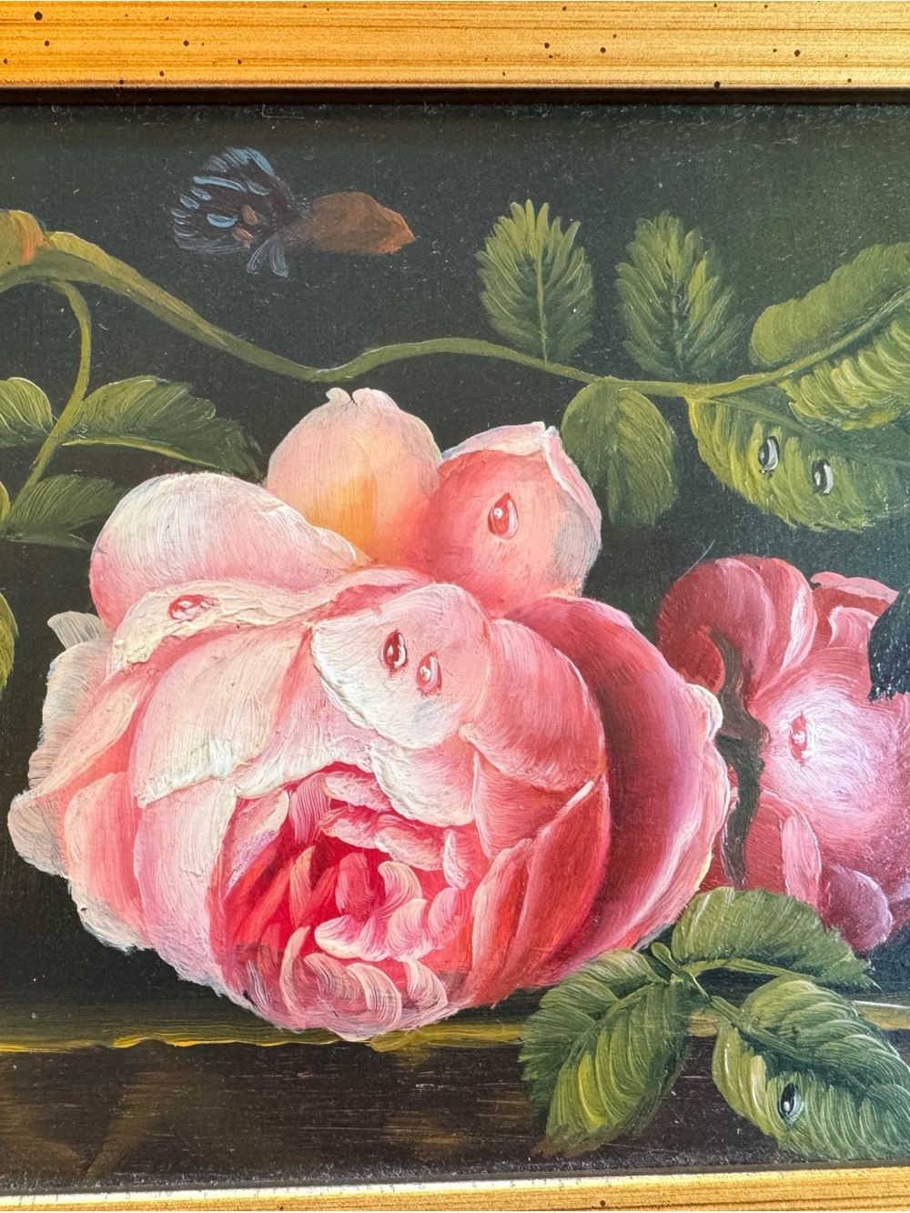 Antique Framed Floral Oil Painting with Pink Roses - Picture 5 of 9